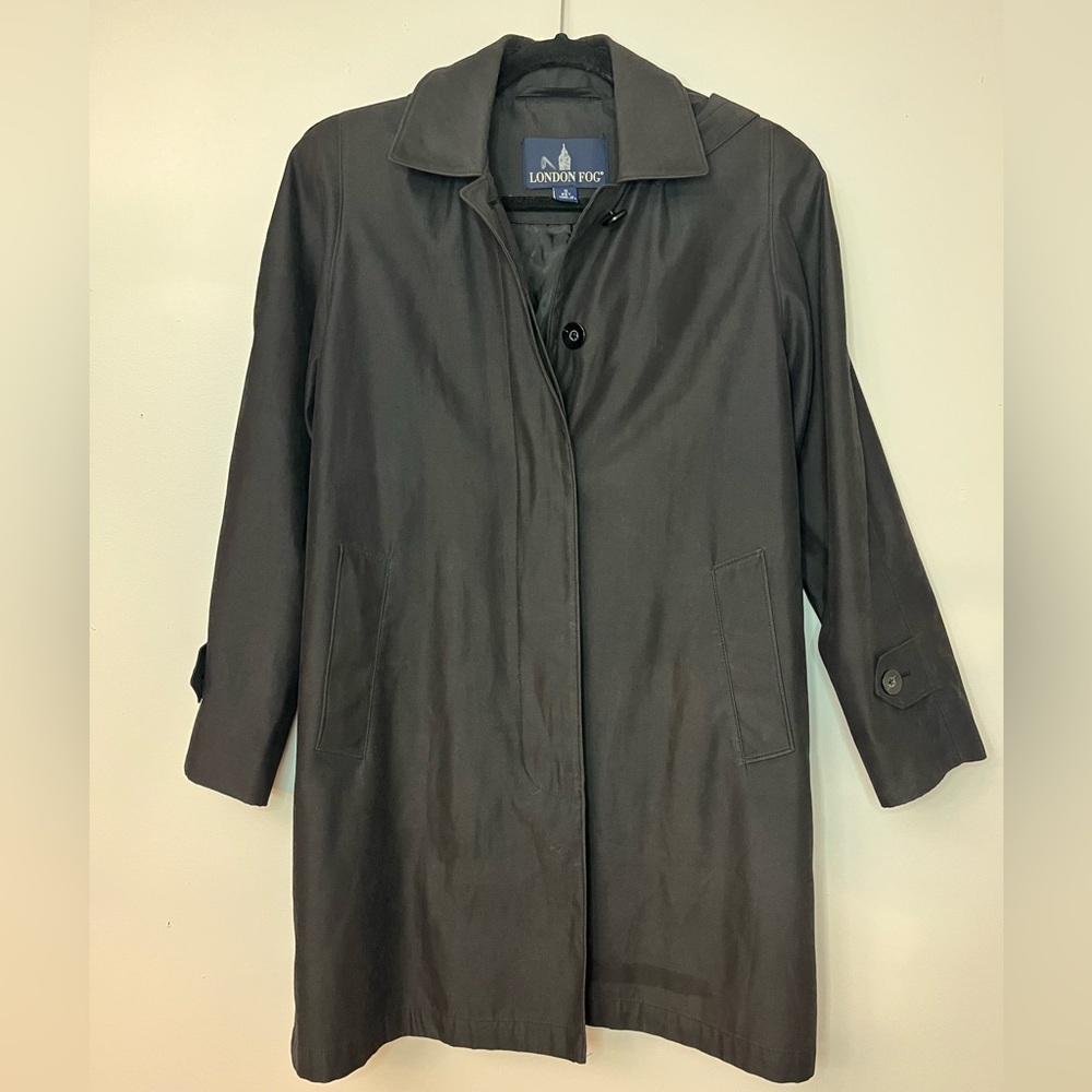 London Fog Black Hooded Rain Coat Small Petite Classic Lightweight Jacket
